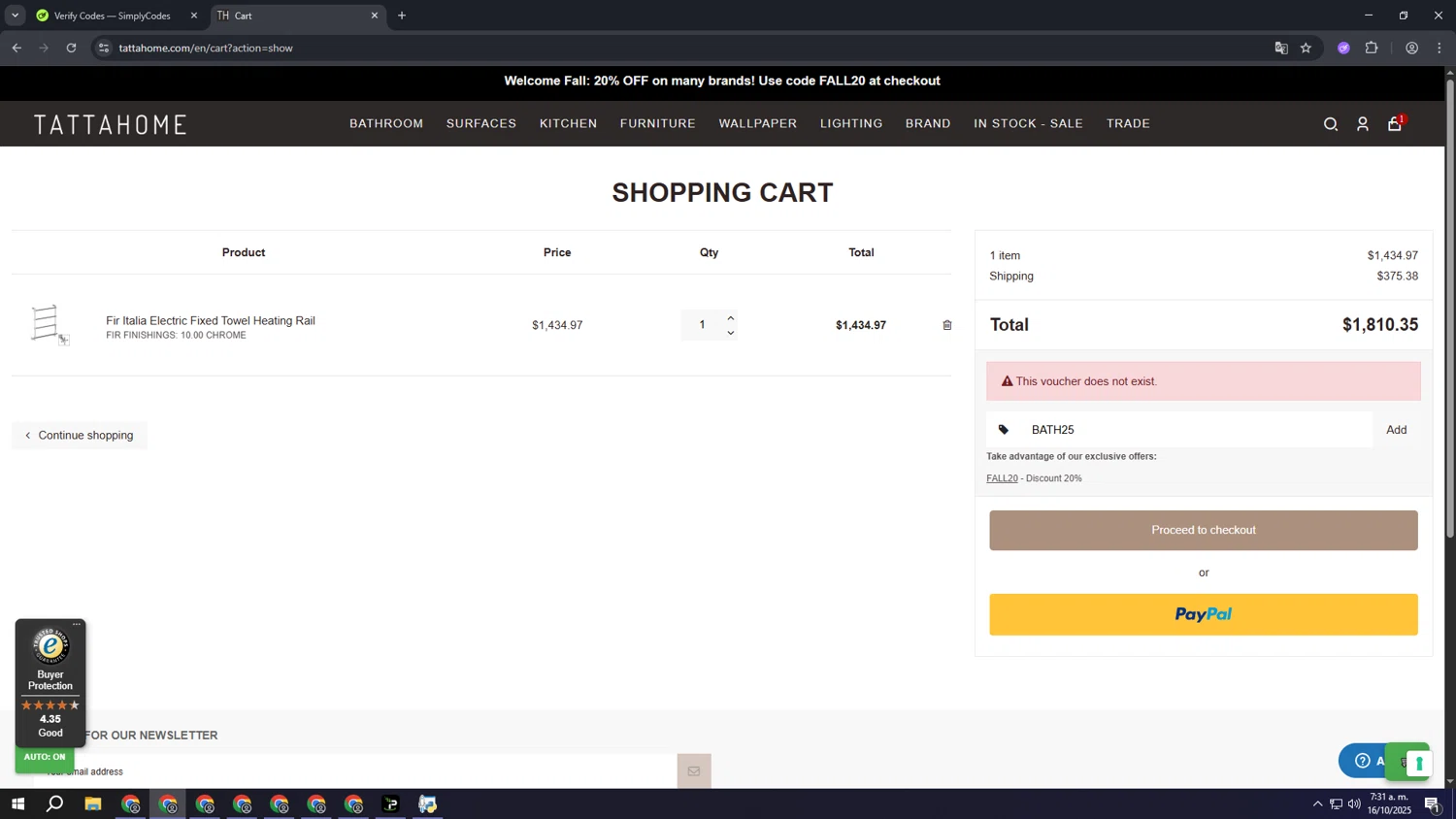 Tattahome promo code screenshot showing code BATH25 applied at Tattahome checkout page. Uploaded by SimplyCodes community member aaaaaaaaaaaaaaaa on Oct 16, 2025