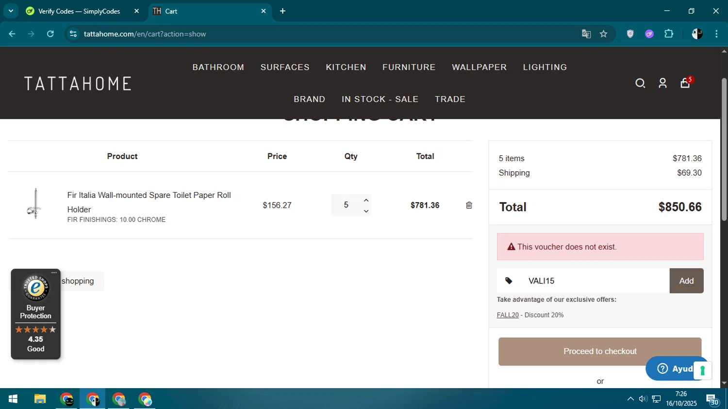 Tattahome promo code screenshot showing code BATH25 applied at Tattahome checkout page. Uploaded by SimplyCodes community member CleverSage9163 on Oct 16, 2025