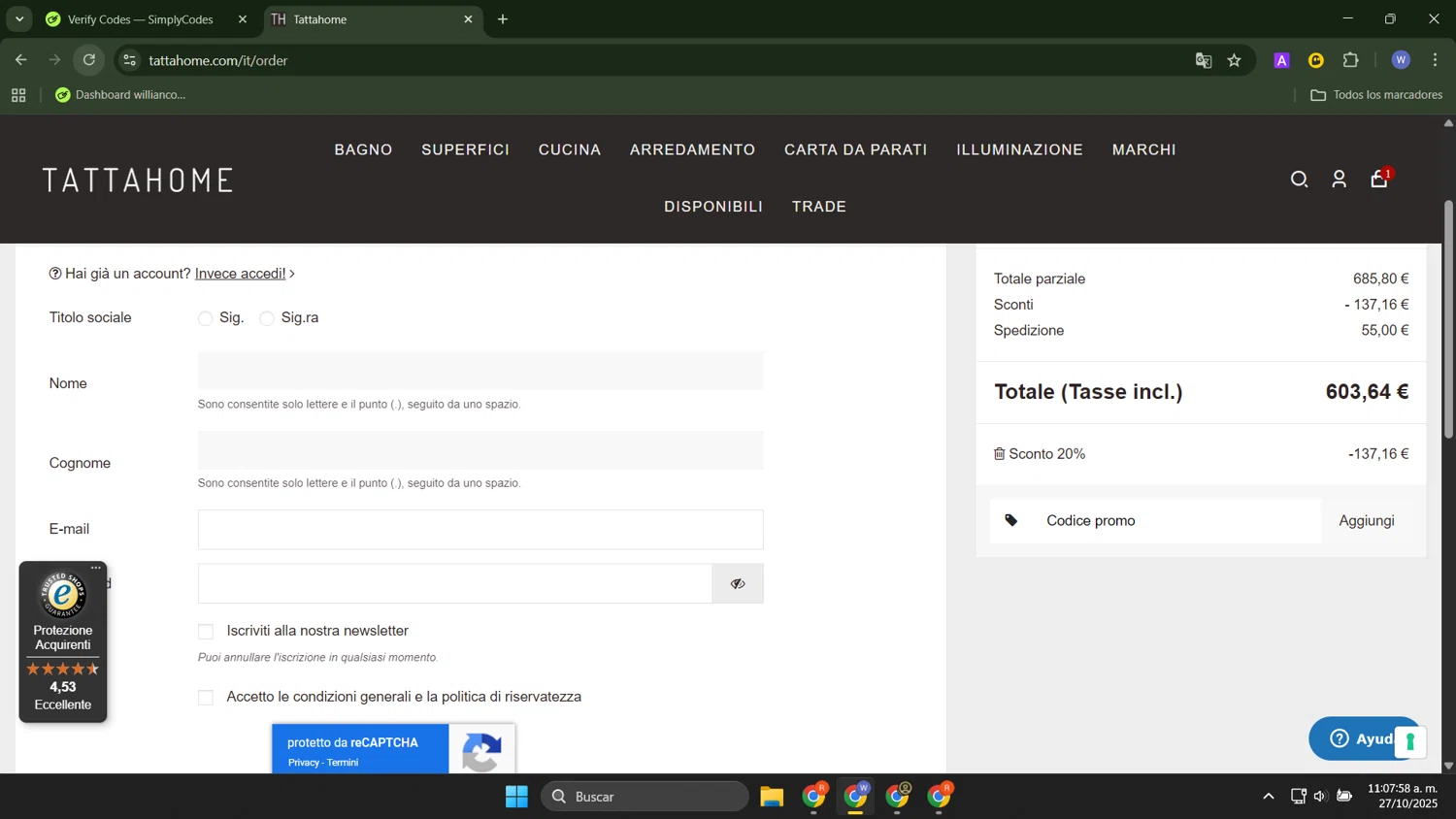Tattahome promo code screenshot showing code FALL20 applied at Tattahome checkout page. Uploaded by SimplyCodes community member ThriftyTracker446 on Oct 27, 2025
