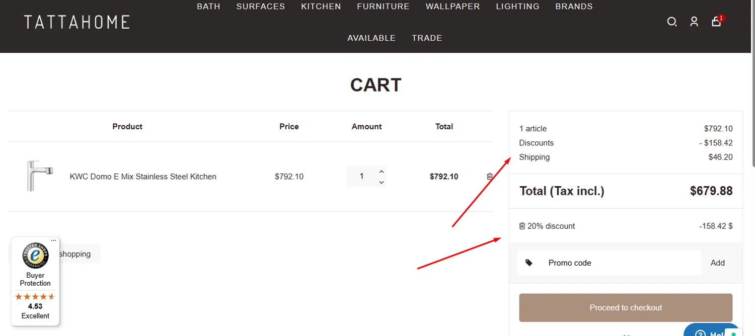 Tattahome promo code screenshot showing code FALL20 applied at Tattahome checkout page. Uploaded by SimplyCodes community member Mileidy on Oct 27, 2025