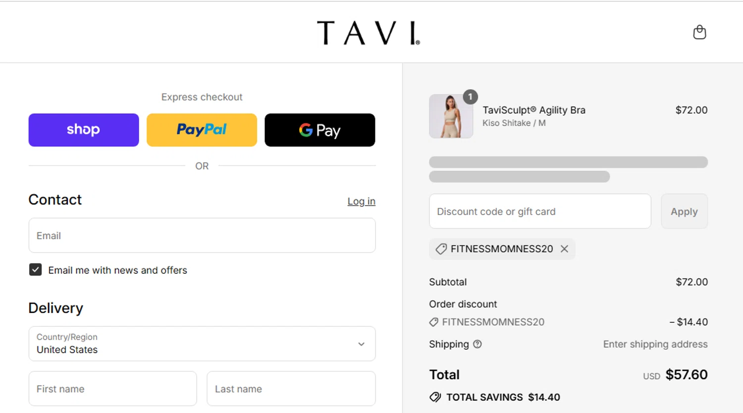 Tavi promo code screenshot showing code fitnessmomness20 applied at Tavi checkout page. Uploaded by SimplyCodes community member geraldine on Aug 29, 2025