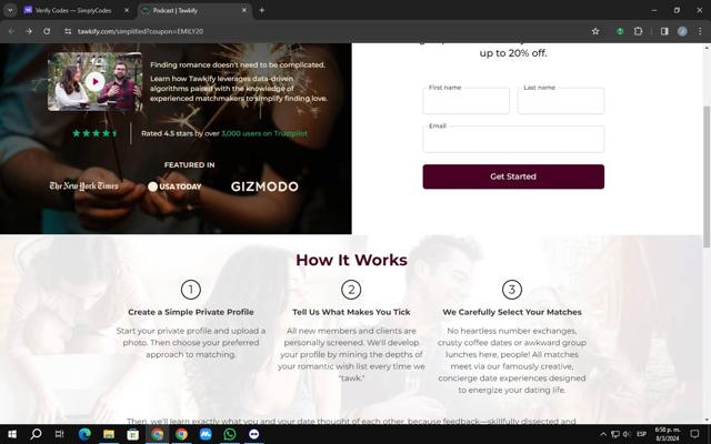 Tawkify checkout page showing Tawkify promo code box | Screenshot taken by SimplyCodes community member on Mar 8, 2024