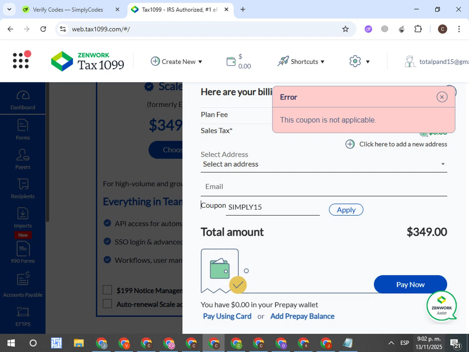 Tax1099.com coupon code screenshot showing code SIMPLY15 applied at Tax1099.com checkout page. Uploaded by SimplyCodes community member VictorL on Nov 14, 2025