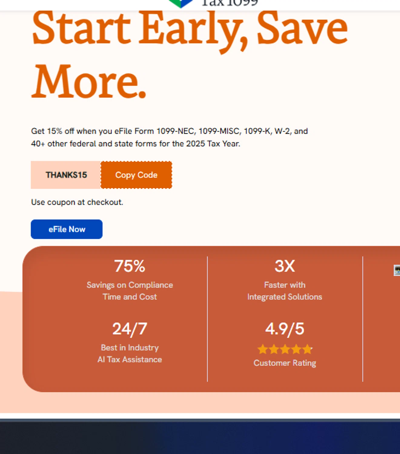 Tax1099.com coupon code screenshot showing code THANKS15 applied at Tax1099.com checkout page. Uploaded by SimplyCodes community member chepipi on Jan 17, 2026