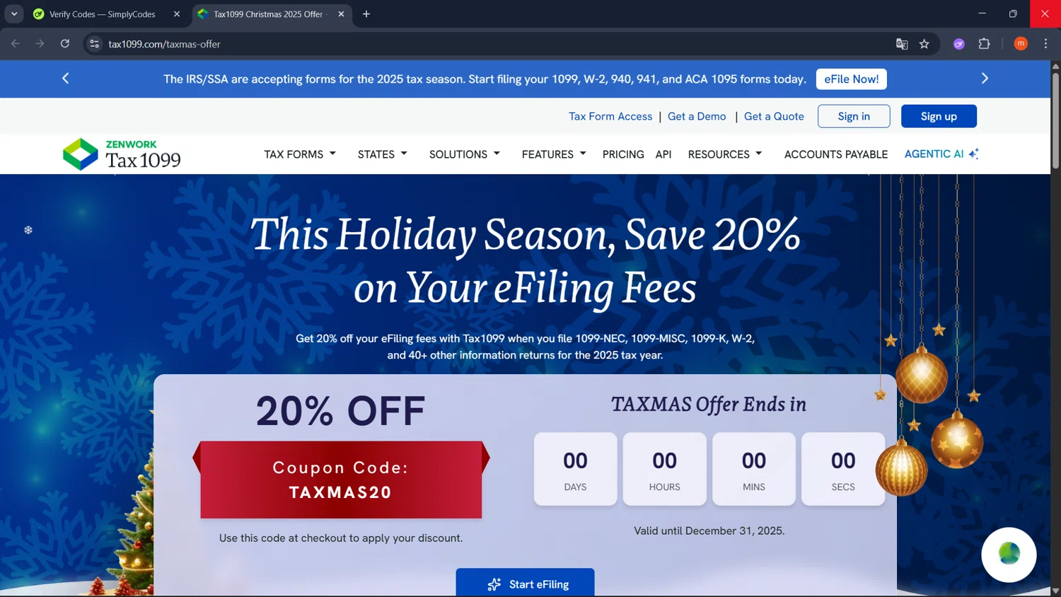 Tax1099.com checkout page showing Tax1099.com coupon code box | Screenshot taken by SimplyCodes community member on Jan 20, 2026