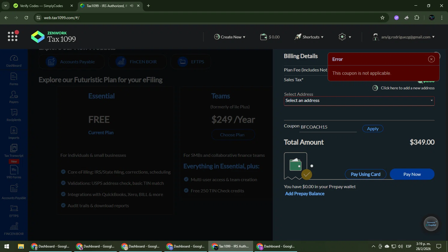 Tax1099.com promo code screenshot showing code BFCOACH15 applied at Tax1099.com checkout page. Uploaded by SimplyCodes community member CarmenVGR on Feb 28, 2026