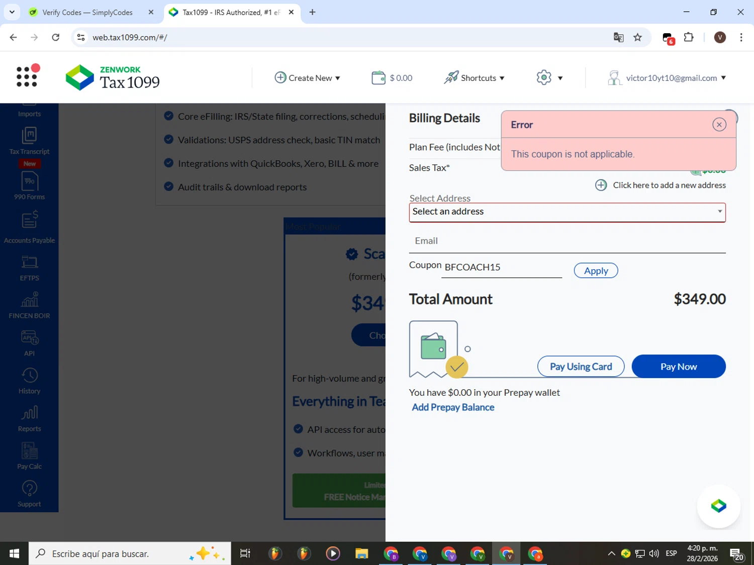 Tax1099.com promo code screenshot showing code BFCOACH15 applied at Tax1099.com checkout page. Uploaded by SimplyCodes community member CashLion3448 on Feb 28, 2026