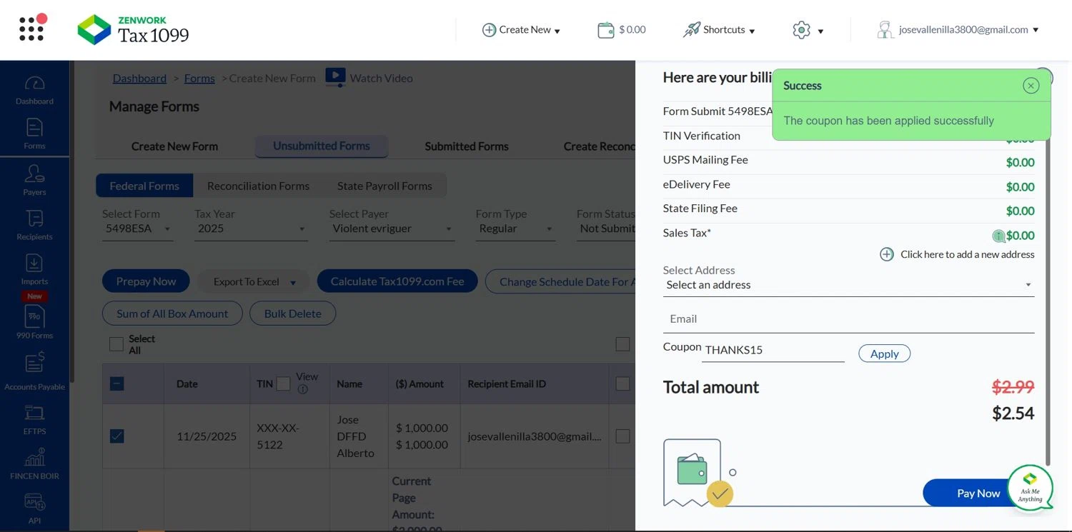 Tax1099.com coupon code screenshot showing code THANKS15 applied at Tax1099.com checkout page. Uploaded by SimplyCodes community member Depressive on Nov 25, 2025