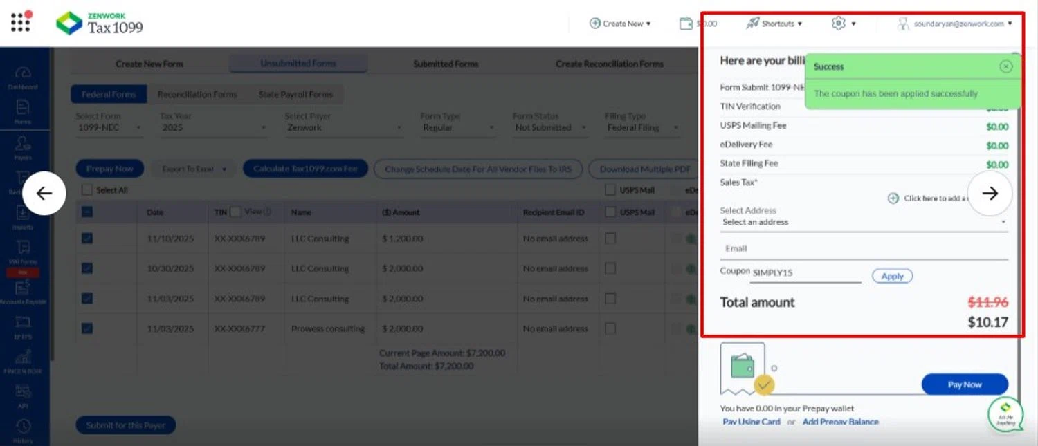 Tax1099.com coupon code screenshot showing code SIMPLY15 applied at Tax1099.com checkout page. Uploaded by SimplyCodes community member Swiftdealz on Nov 14, 2025