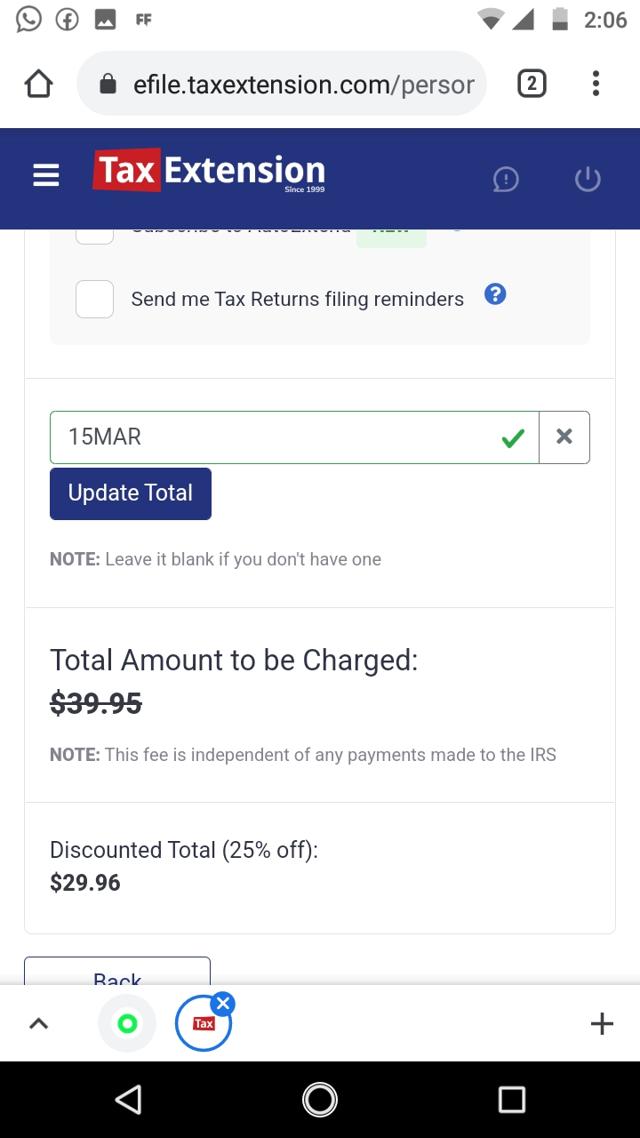 Tax Extension checkout page showing Tax Extension promo code box | Screenshot taken by SimplyCodes community member on Mar 15, 2021