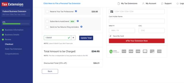 Tax Extension checkout page showing Tax Extension promo code box | Screenshot taken by SimplyCodes community member on Mar 15, 2021