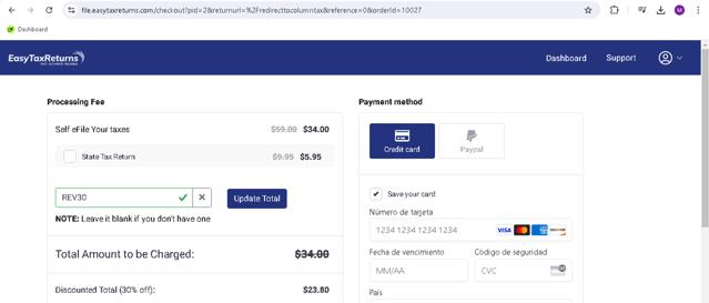 Tax Extension checkout page showing Tax Extension promo code box | Screenshot taken by SimplyCodes community member on Aug 4, 2024
