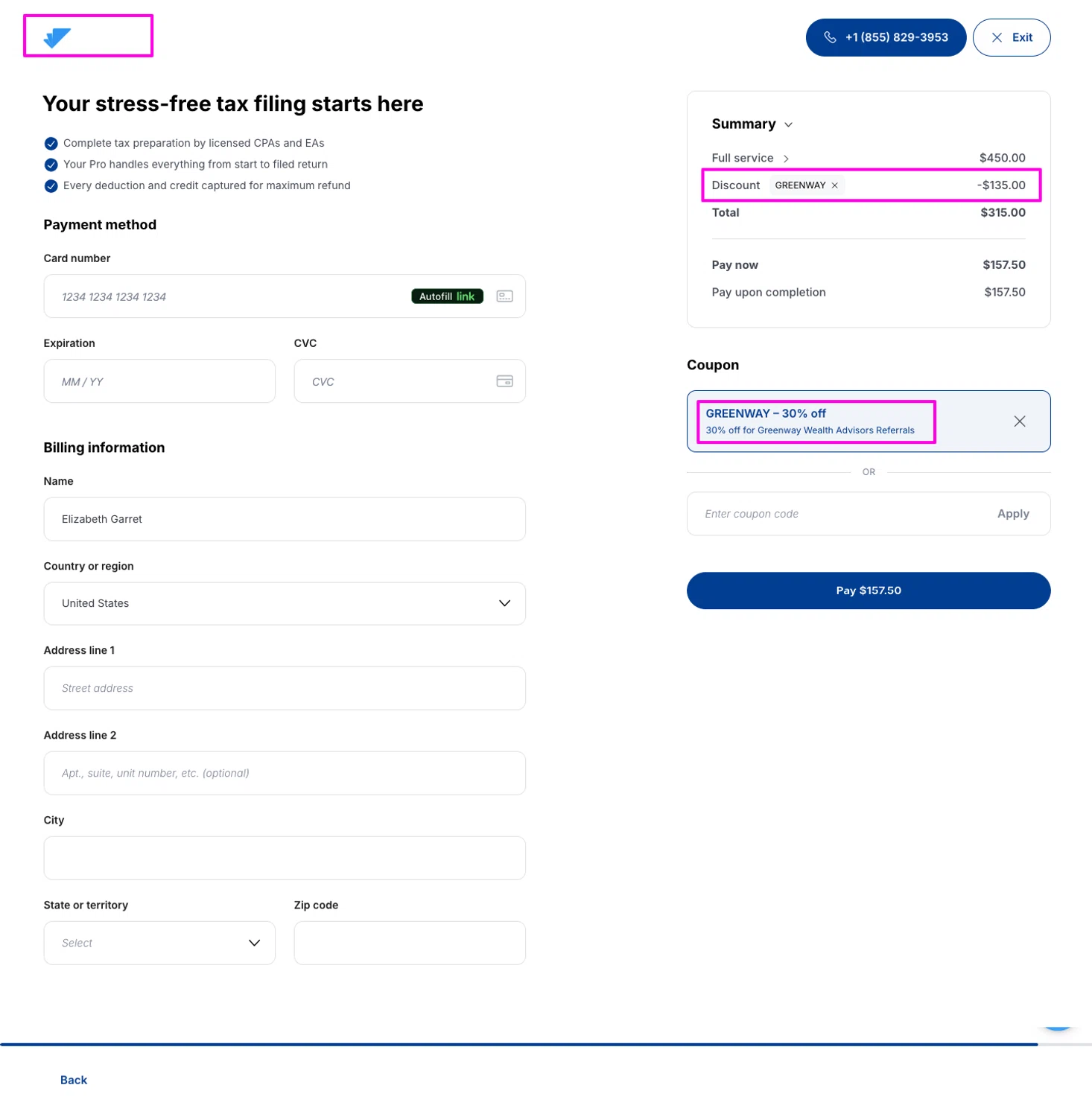 Taxfyle promo code screenshot showing code GREENWAY applied at Taxfyle checkout page. Uploaded by SimplyCodes community member mrdarcy on May 29, 2026