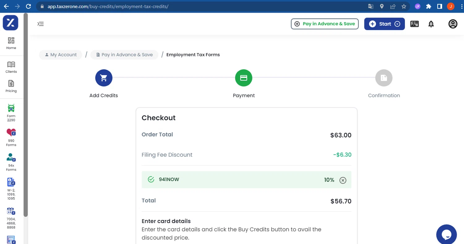 TaxZerone promo code screenshot showing code 941NOW applied at TaxZerone checkout page. Uploaded by SimplyCodes community member FranquizJoel on Aug 1, 2025