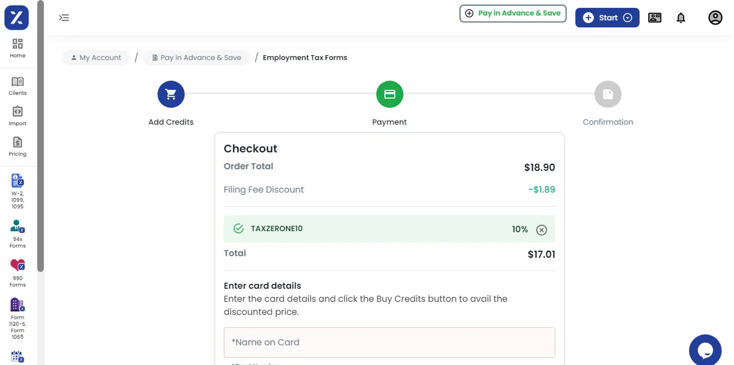 TaxZerone promo code screenshot showing code TAXZERONE10 applied at TaxZerone checkout page. Uploaded by SimplyCodes community member HUNTER1406 on Feb 2, 2026