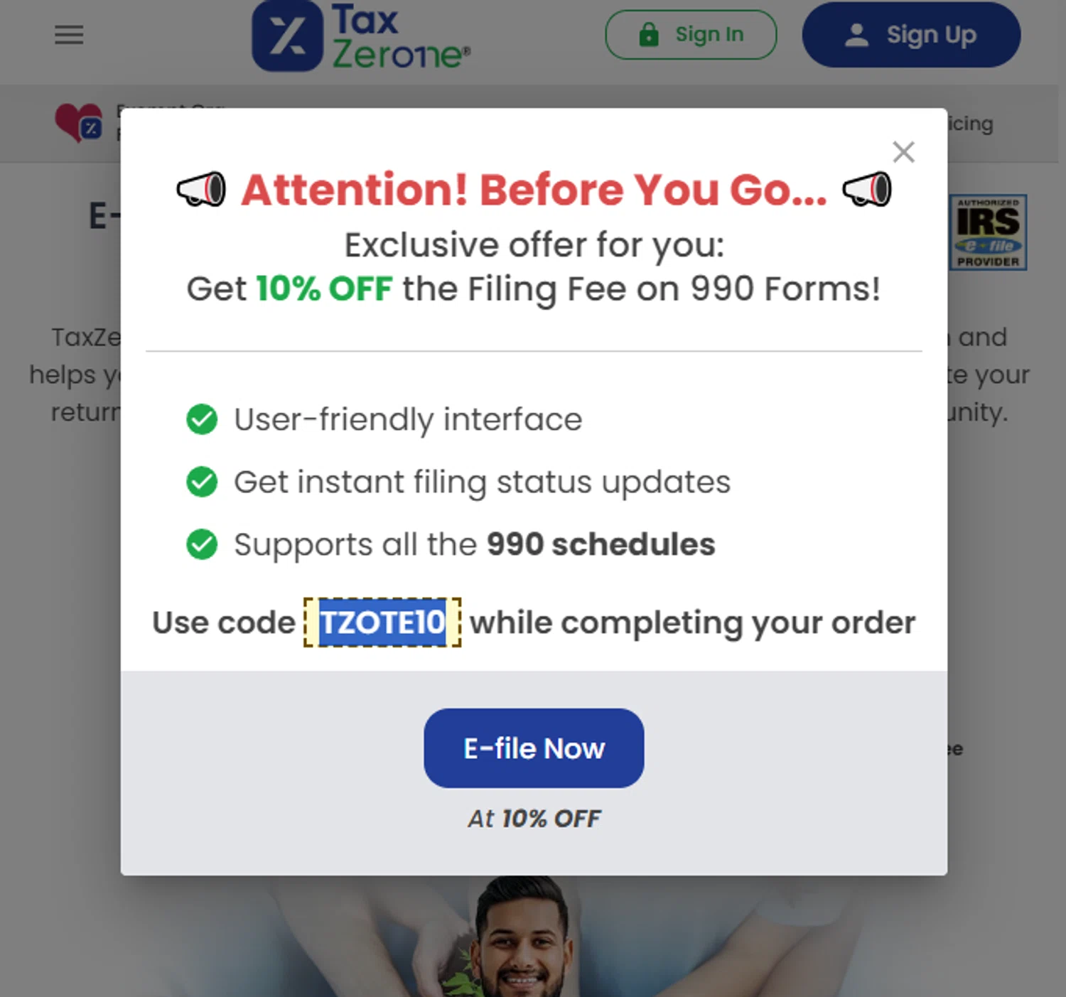 TaxZerone promo code screenshot showing code TZOTE10 applied at TaxZerone checkout page. Uploaded by SimplyCodes community member PillarsofCreation on Sep 10, 2024