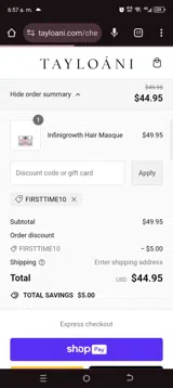 FIRSTTIME10 coupon verification screenshot