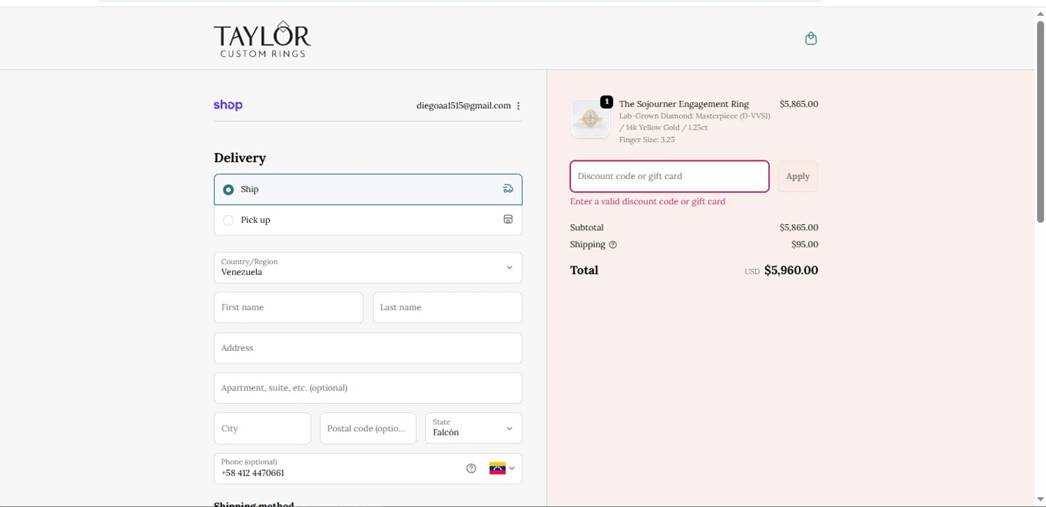 Taylor Custom Rings promo code screenshot showing code AHORRA15 applied at Taylor Custom Rings checkout page. Uploaded by SimplyCodes community member BargainShopper1384 on Nov 18, 2025