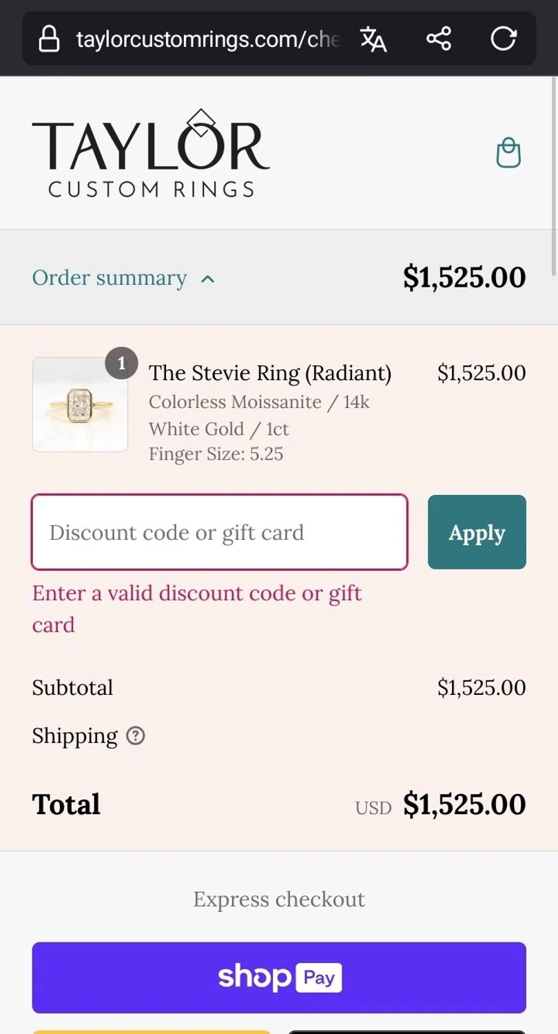 Taylor Custom Rings checkout page showing Taylor Custom Rings promo code box | Screenshot taken by SimplyCodes community member on Dec 23, 2024