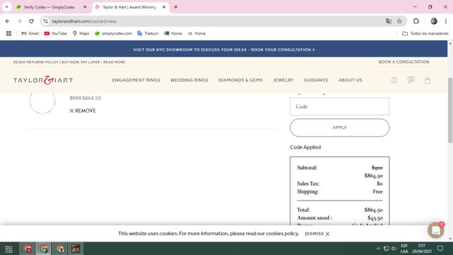 Taylor & Hart checkout page showing Taylor & Hart promo code box | Screenshot taken by SimplyCodes community member on Apr 20, 2025