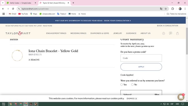 Taylor & Hart checkout page showing Taylor & Hart promo code box | Screenshot taken by SimplyCodes community member on Mar 18, 2025