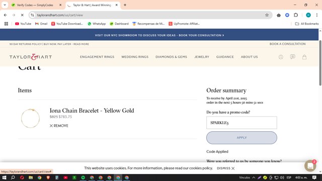 Taylor & Hart checkout page showing Taylor & Hart promo code box | Screenshot taken by SimplyCodes community member on Mar 18, 2025