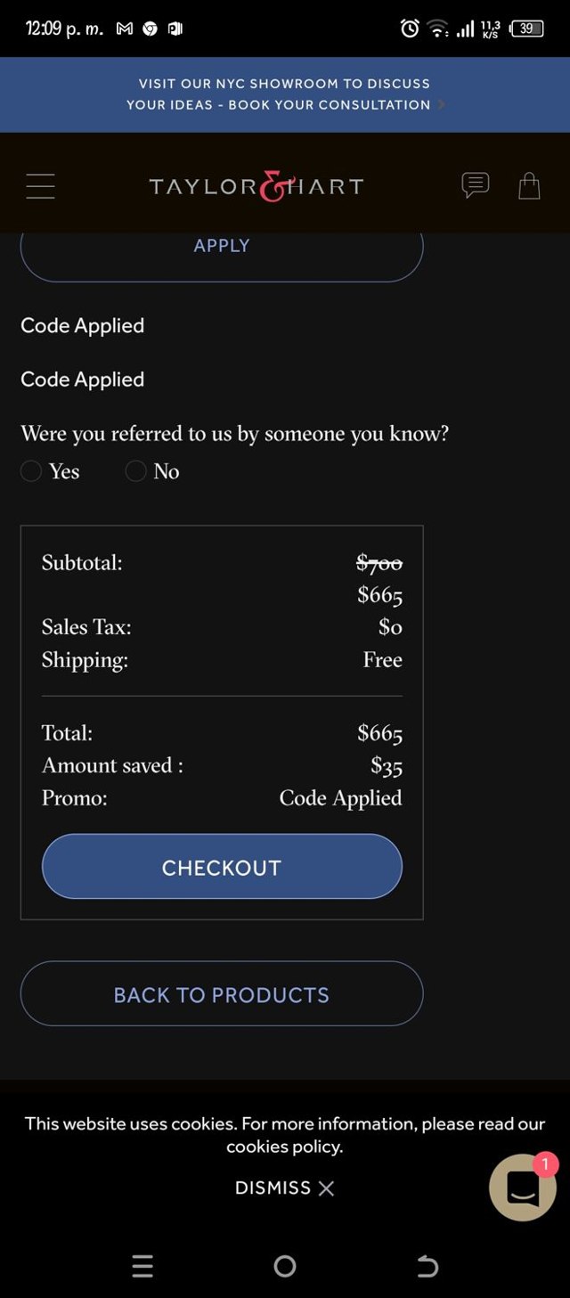 Taylor & Hart checkout page showing Taylor & Hart promo code box | Screenshot taken by SimplyCodes community member on Mar 24, 2025