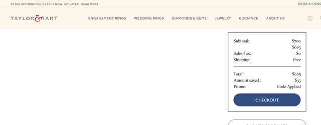 Taylor & Hart checkout page showing Taylor & Hart promo code box | Screenshot taken by SimplyCodes community member on Feb 24, 2025