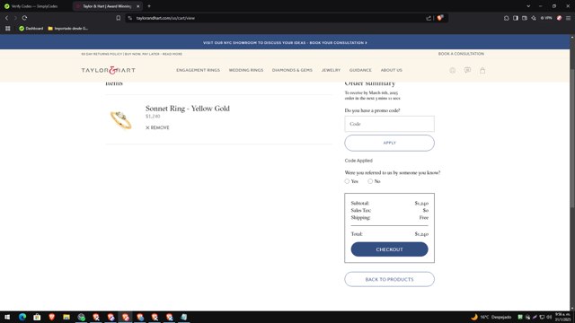Taylor & Hart checkout page showing Taylor & Hart promo code box | Screenshot taken by SimplyCodes community member on Jan 31, 2025