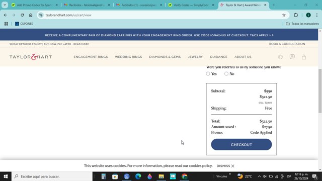 Taylor & Hart checkout page showing Taylor & Hart promo code box | Screenshot taken by SimplyCodes community member on Oct 26, 2024
