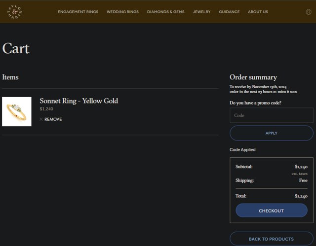 Taylor & Hart checkout page showing Taylor & Hart promo code box | Screenshot taken by SimplyCodes community member on Oct 9, 2024