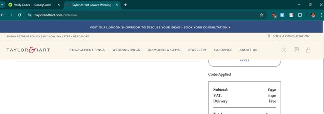 Taylor & Hart checkout page showing Taylor & Hart promo code box | Screenshot taken by SimplyCodes community member on Jan 30, 2025