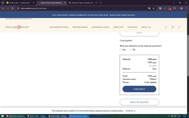 Taylor & Hart checkout page showing Taylor & Hart promo code box | Screenshot taken by SimplyCodes community member on May 2, 2025