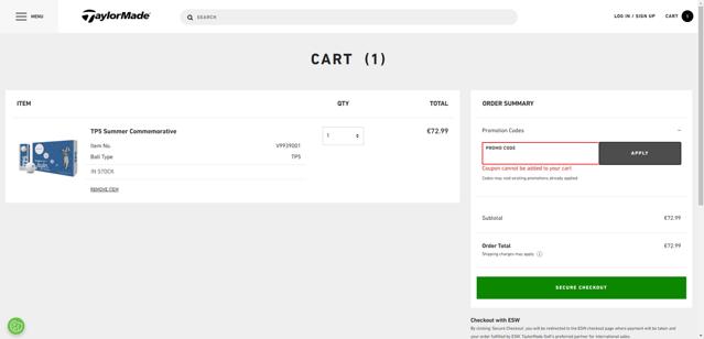 Taylormade Golf checkout page showing Taylormade Golf promo code box | Screenshot taken by SimplyCodes community member on Jul 2, 2025