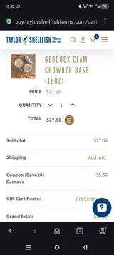 Taylor Shellfish Farms coupon verification screenshot