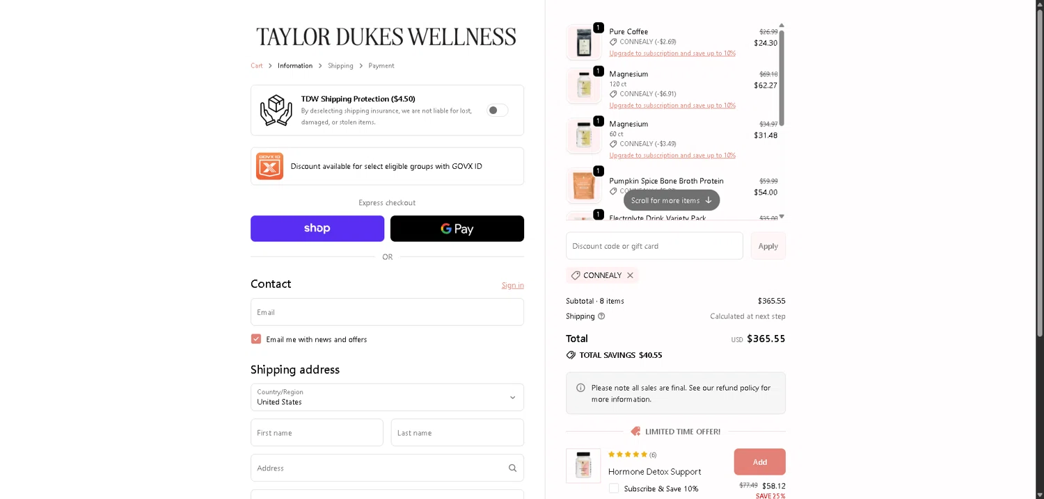 Taylor Dukes Wellness checkout page showing Taylor Dukes Wellness discount code box | Screenshot taken by SimplyCodes community member on Feb 4, 2026