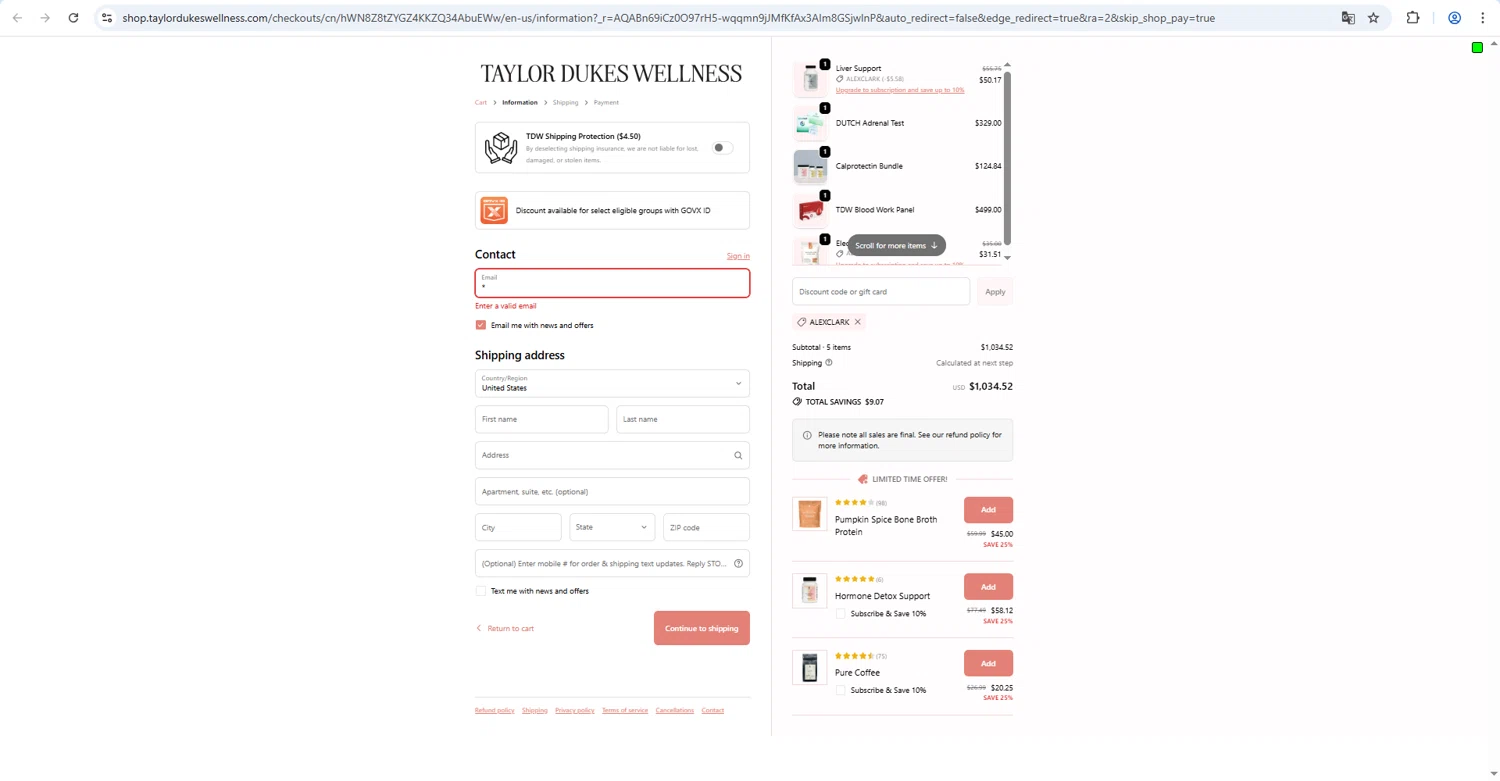 Taylor Dukes Wellness checkout page showing Taylor Dukes Wellness discount code box | Screenshot taken by SimplyCodes community member on Feb 9, 2026