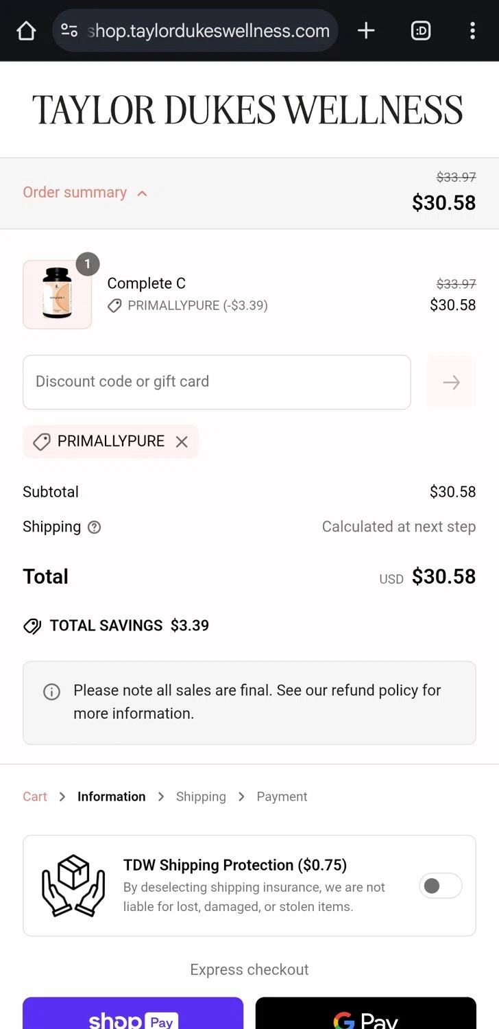 Taylor Dukes Wellness discount code screenshot showing code PRIMALLYPURE applied at Taylor Dukes Wellness checkout page. Uploaded by SimplyCodes community member KataldoMustafack on May 24, 2025