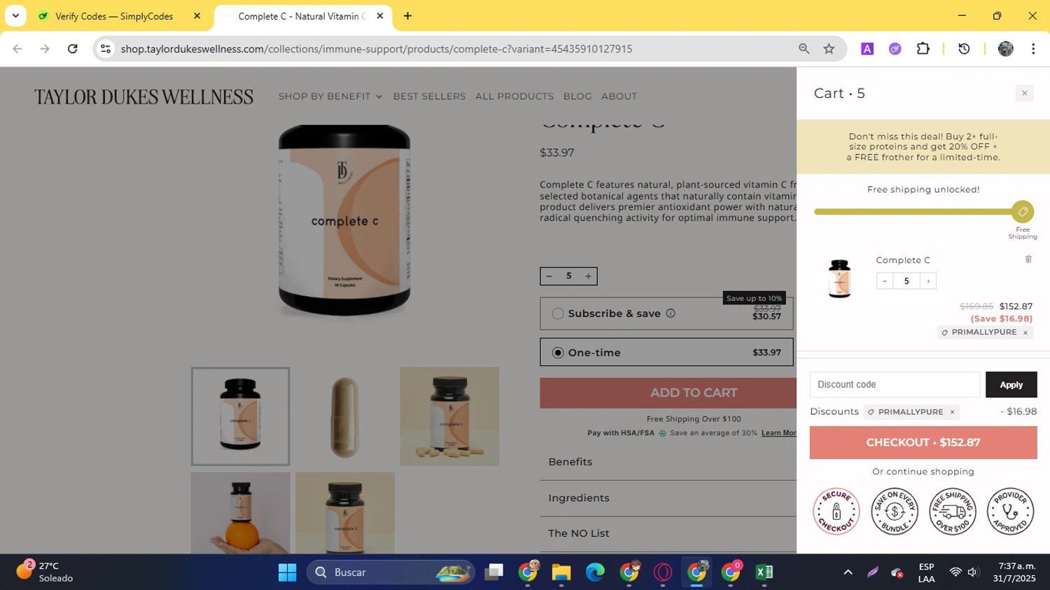 Taylor Dukes Wellness discount code screenshot showing code PRIMALLYPURE applied at Taylor Dukes Wellness checkout page. Uploaded by SimplyCodes community member YunoMaria on Jul 31, 2025