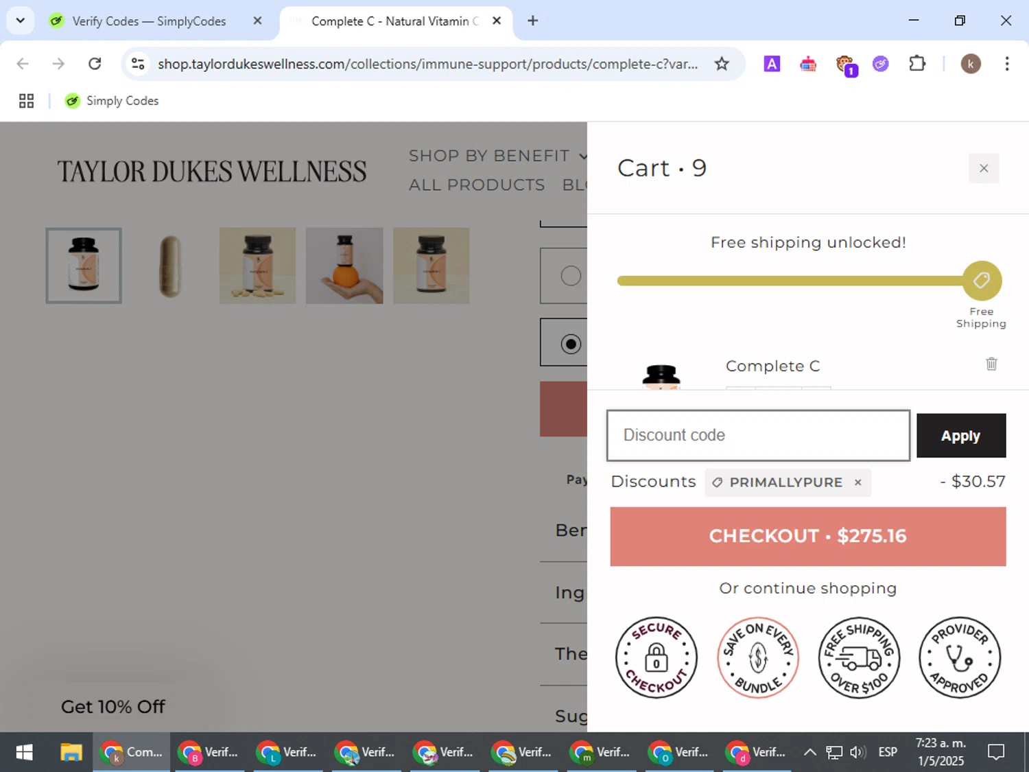 Taylor Dukes Wellness discount code screenshot showing code PRIMALLYPURE applied at Taylor Dukes Wellness checkout page. Uploaded by SimplyCodes community member RewardRanger298 on May 1, 2025