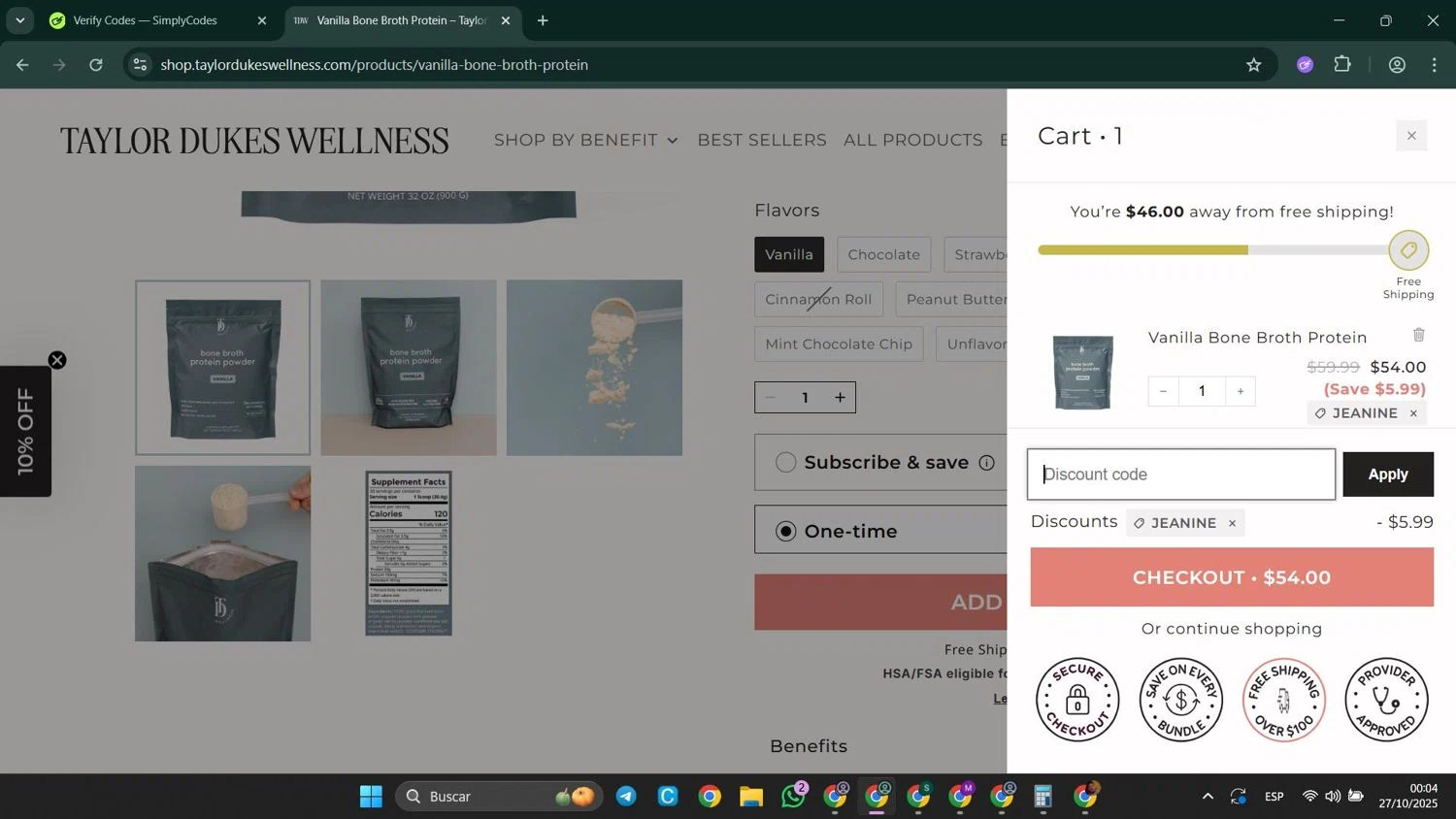 Taylor Dukes Wellness discount code screenshot showing code JEANINE applied at Taylor Dukes Wellness checkout page. Uploaded by SimplyCodes community member LuckyElite8069 on Oct 27, 2025
