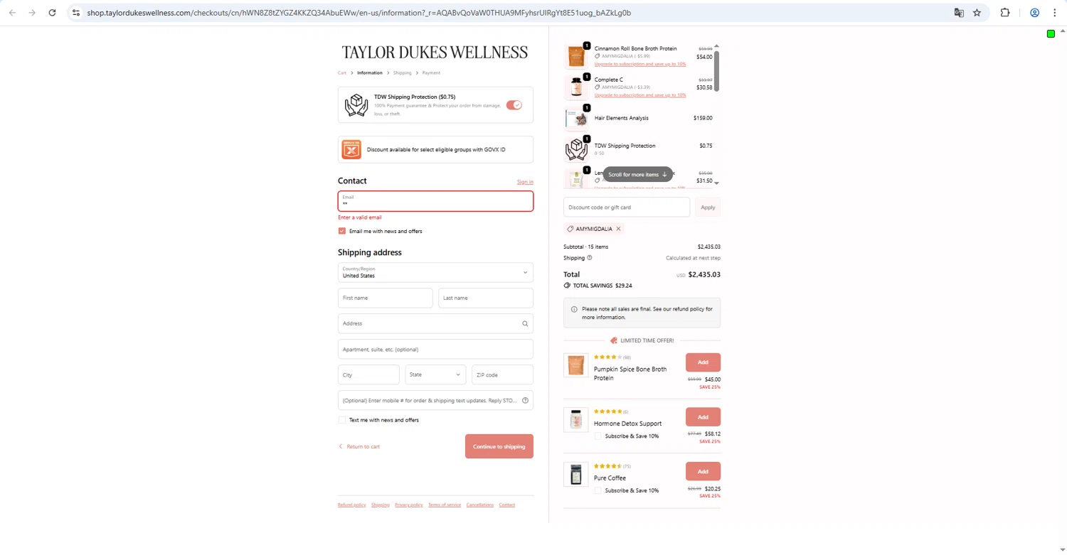 Taylor Dukes Wellness checkout page showing Taylor Dukes Wellness discount code box | Screenshot taken by SimplyCodes community member on Feb 9, 2026