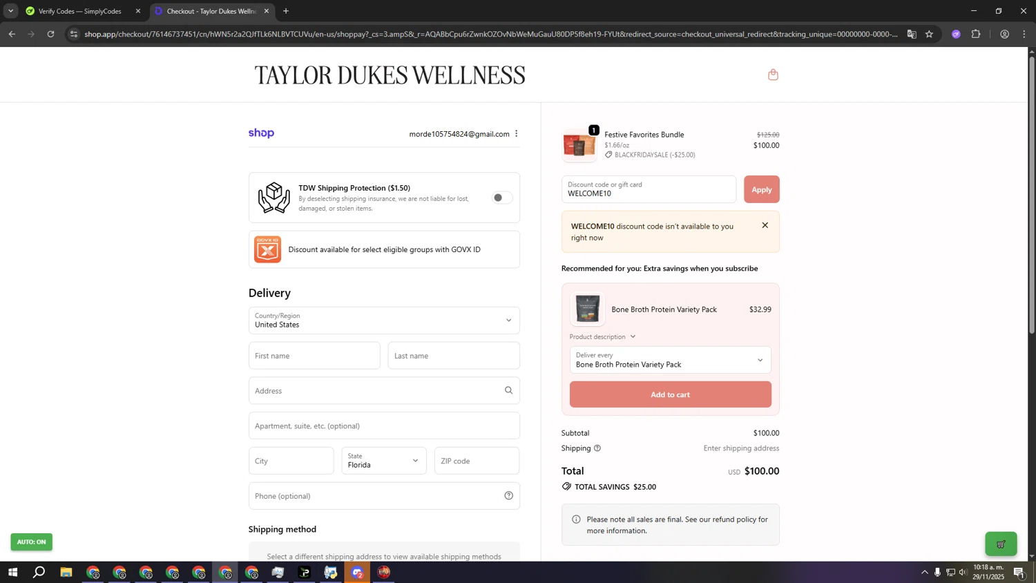 Taylor Dukes Wellness discount code screenshot showing code WELCOME10 applied at Taylor Dukes Wellness checkout page. Uploaded by SimplyCodes community member fffffffffffffffffff on Nov 29, 2025