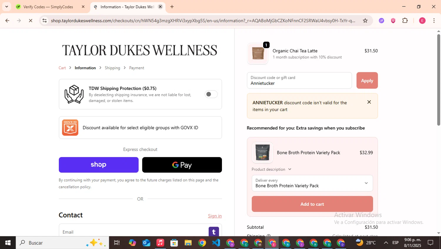 Taylor Dukes Wellness discount code screenshot showing code Annietucker applied at Taylor Dukes Wellness checkout page. Uploaded by SimplyCodes community member CouponHero7312 on Nov 9, 2025