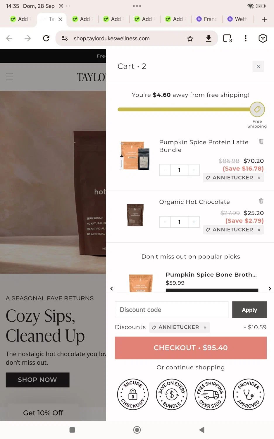 Taylor Dukes Wellness discount code screenshot showing code Annietucker applied at Taylor Dukes Wellness checkout page. Uploaded by SimplyCodes community member KarinaHZ on Sep 28, 2025