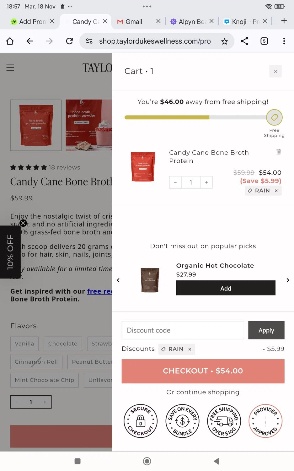 Taylor Dukes Wellness discount code screenshot showing code Rain applied at Taylor Dukes Wellness checkout page. Uploaded by SimplyCodes community member shark12 on Nov 18, 2025