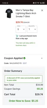 NHLSURVEY15 coupon verification screenshot
