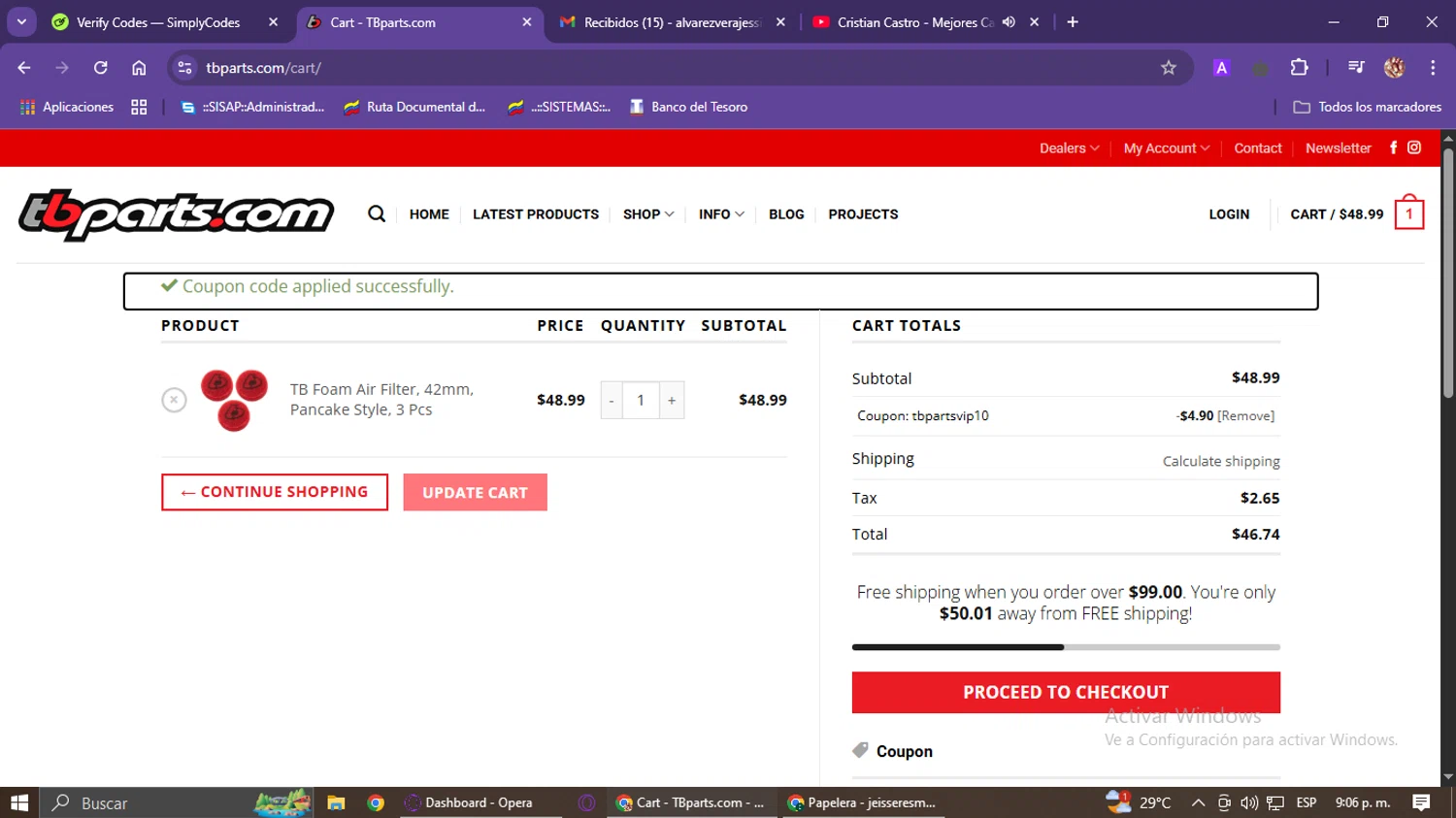 TBparts.com coupon code screenshot showing code tbpartsvip10 applied at TBparts.com checkout page. Uploaded by SimplyCodes community member Jessica_Alvarez on May 27, 2025