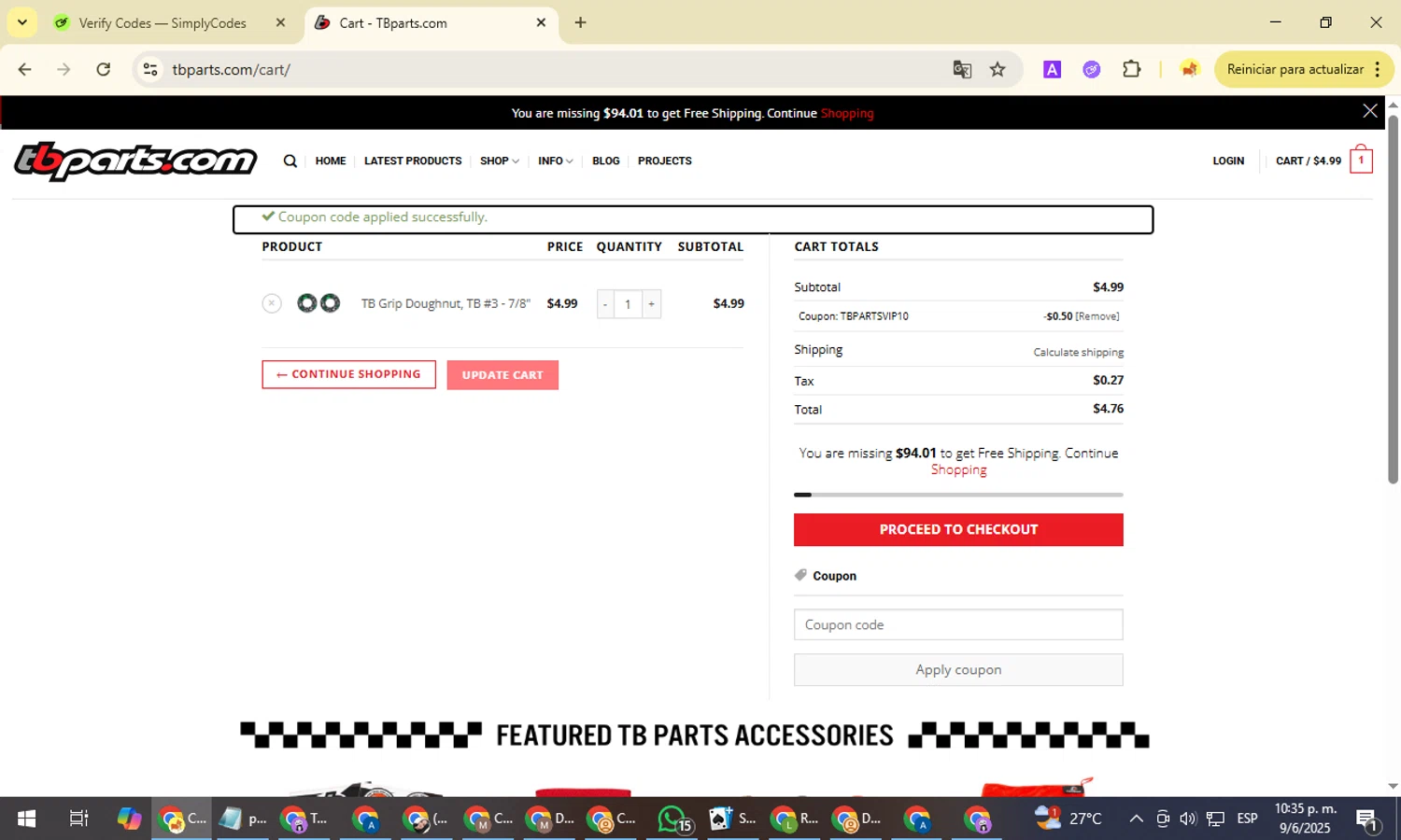 TBparts.com coupon code screenshot showing code tbpartsvip10 applied at TBparts.com checkout page. Uploaded by SimplyCodes community member NobleMonarch1787 on Jun 10, 2025