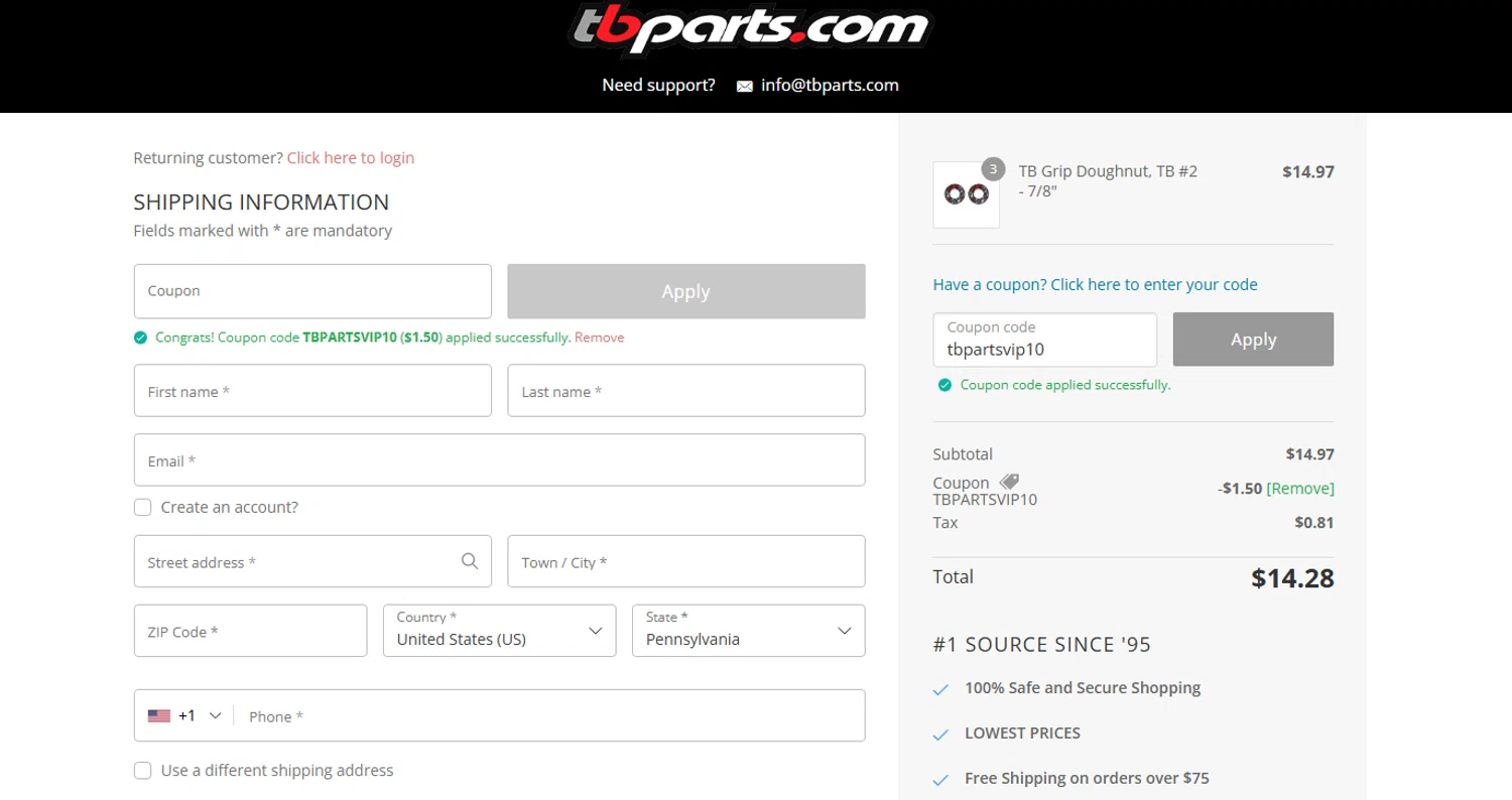 TBparts.com coupon code screenshot showing code tbpartsvip10 applied at TBparts.com checkout page. Uploaded by SimplyCodes community member RichterBelmont on Jun 24, 2025